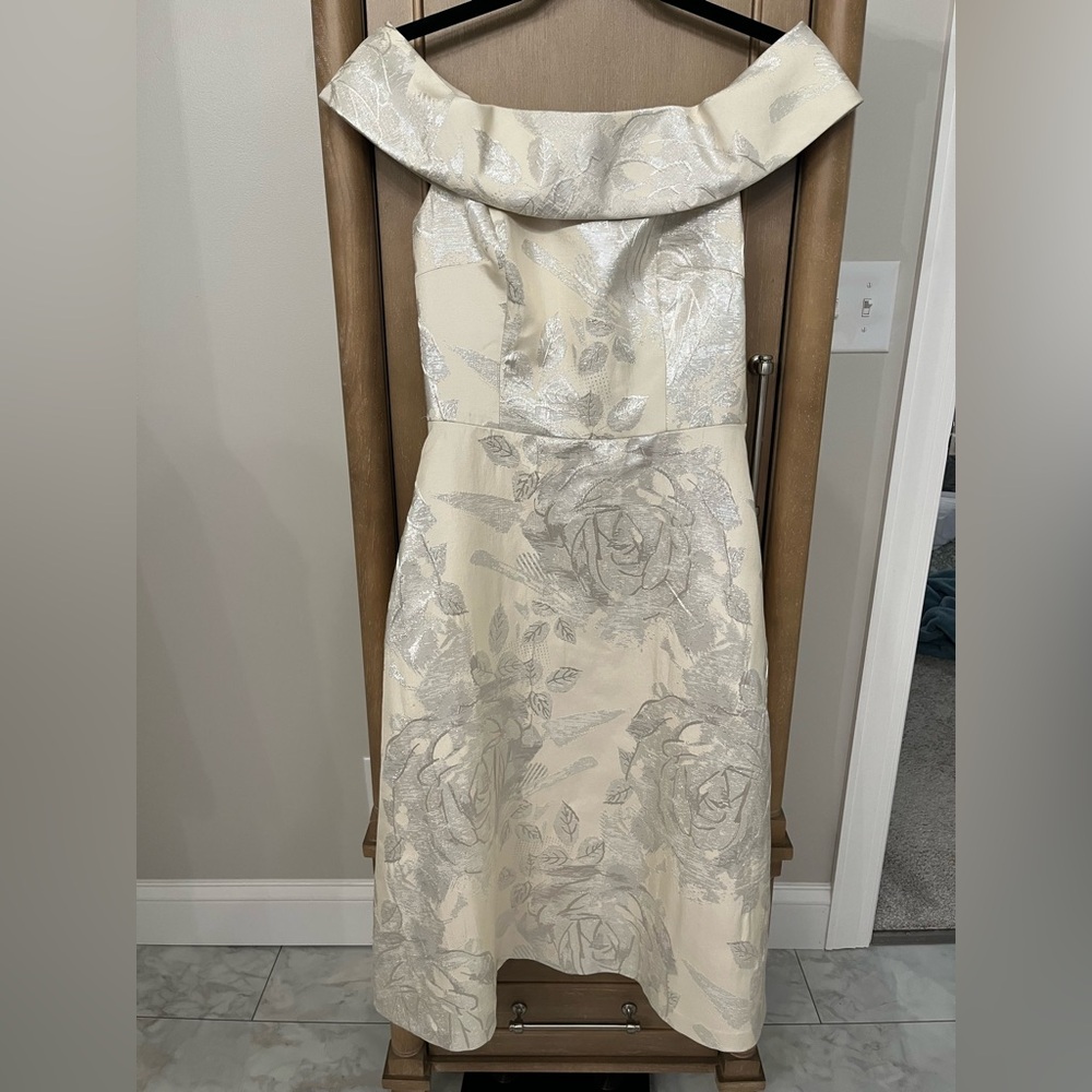 Calvin Klein Brocade Silver and Cream Midi Dress
